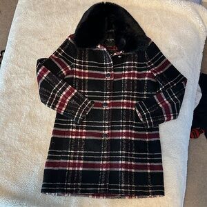 Plaid Coat with Faux Fur Collar